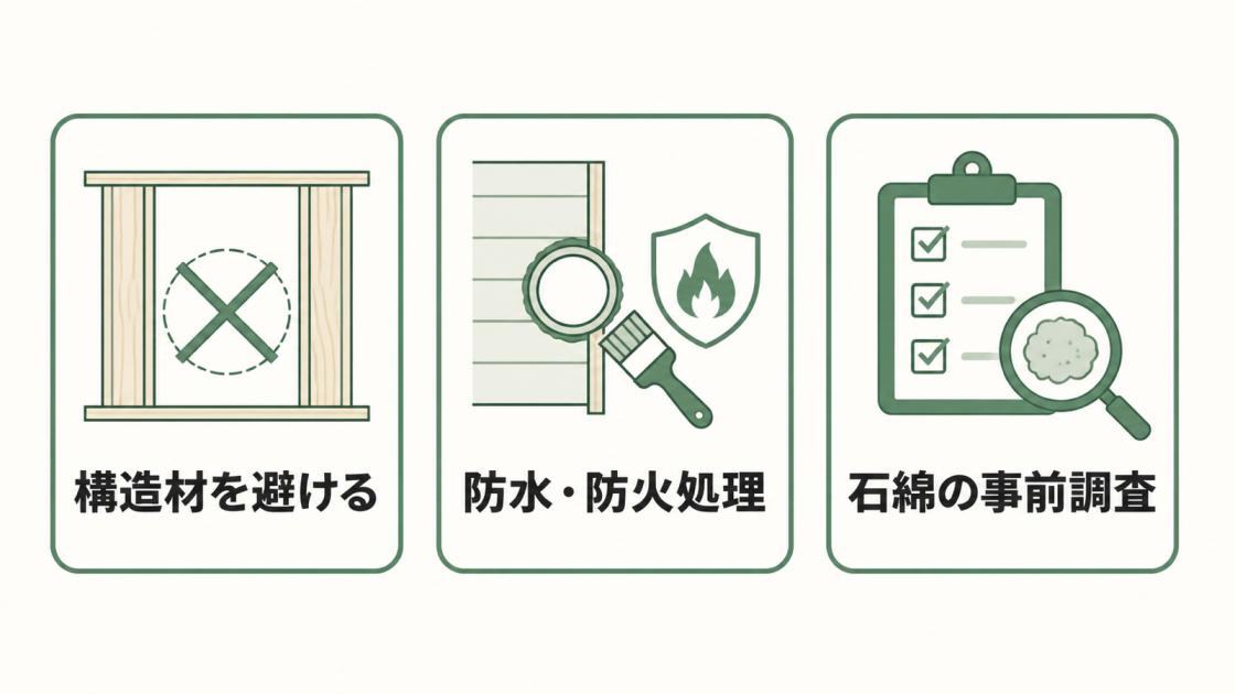 構造材を避ける、防水と防火処理を行う、石綿の事前調査をするという3つの注意点を示す図解