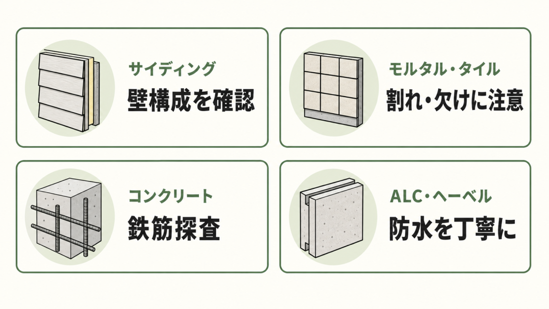 サイディングは壁構成、モルタルやタイルは割れ、コンクリートは鉄筋、ALCは防水に注意することを示す図解