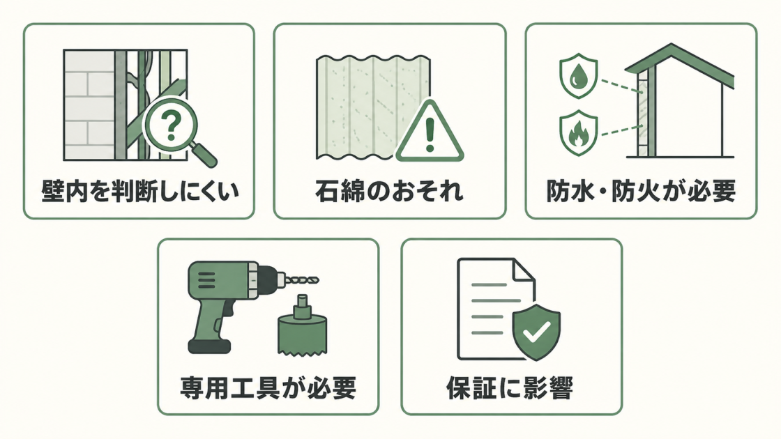 壁内の判断、石綿、防水と防火、専用工具、メーカー保証という外壁穴あけDIYの5つのリスクを示す図解