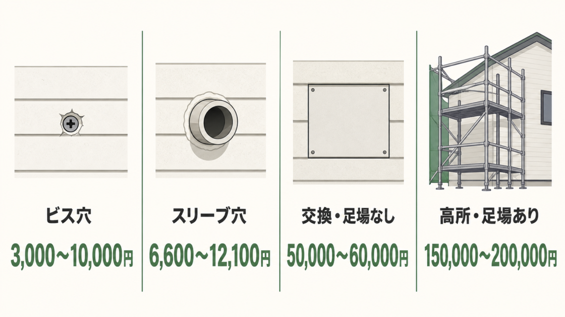 ビス穴、スリーブ穴、足場なしの外壁交換、高所で足場を使う外壁交換の費用目安を示す図解