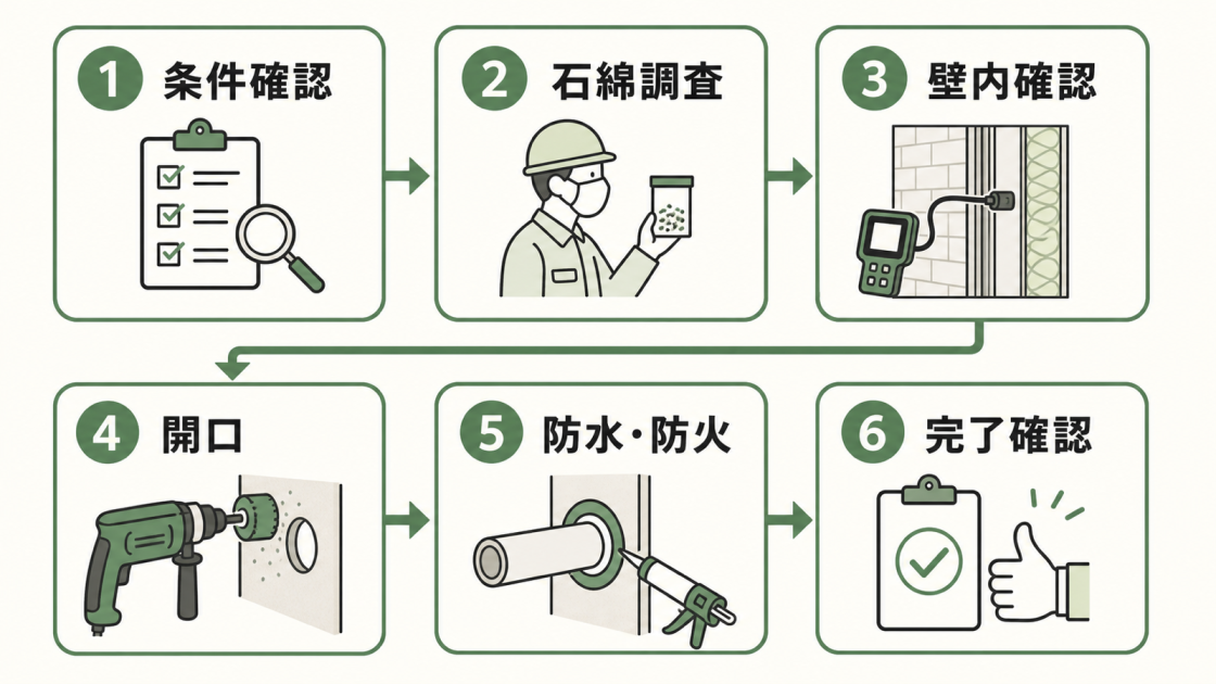 条件確認、石綿調査、壁内確認、開口、防水と防火、完了確認の順に進む外壁穴あけ工事の流れを示す図解