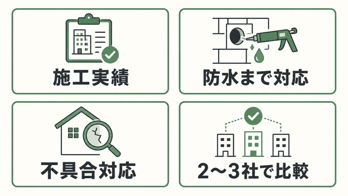 施工実績、防水処理までの対応、不具合対応、2〜3社の比較という業者選びの4基準を示す図解
