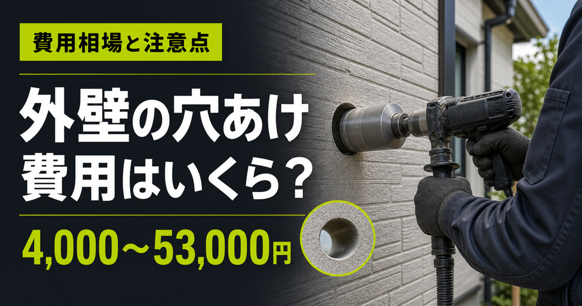 外壁に穴あけ作業をする作業者と「費用相場と注意点・4,000～53,000円」の文字
