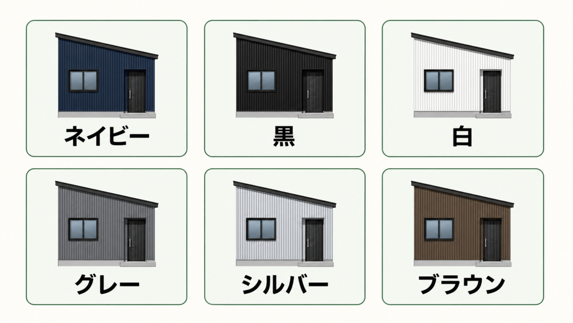 ネイビー、黒、白、グレー、シルバー、ブラウンのガルバリウム鋼板外壁を6つの住宅例で比較した図解