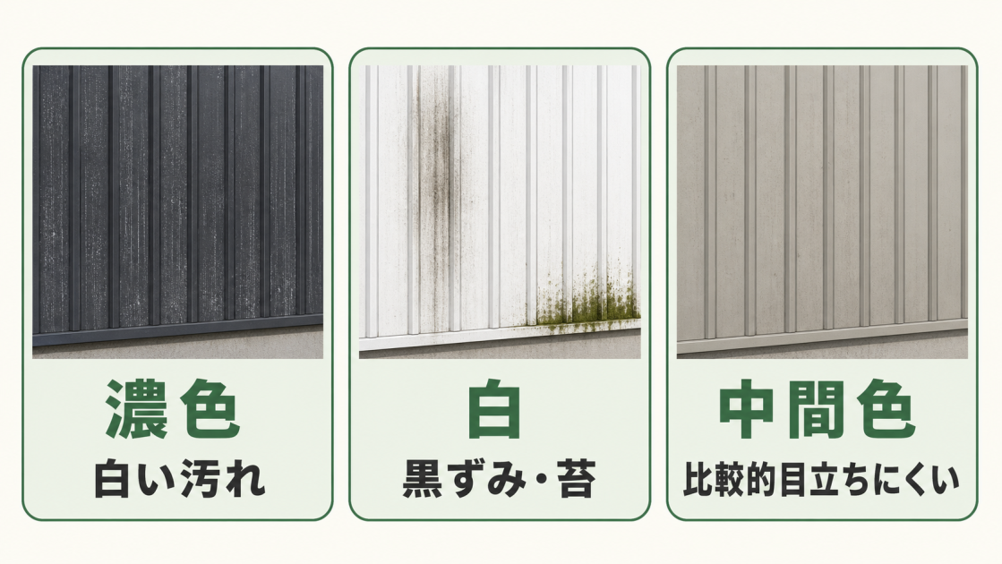 濃色では白い汚れ、白では黒ずみや苔が目立ちやすく、中間色は比較的目立ちにくいことを示した図解