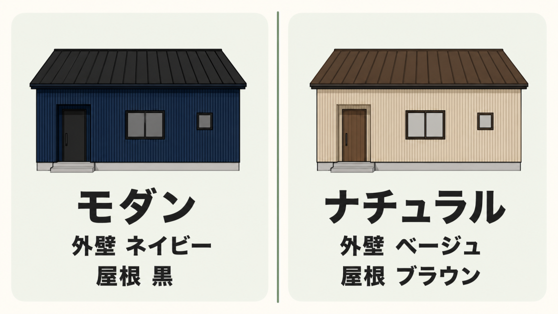 外壁ネイビーと屋根黒のモダンな配色、外壁ベージュと屋根ブラウンのナチュラルな配色を住宅外観で比較した図解