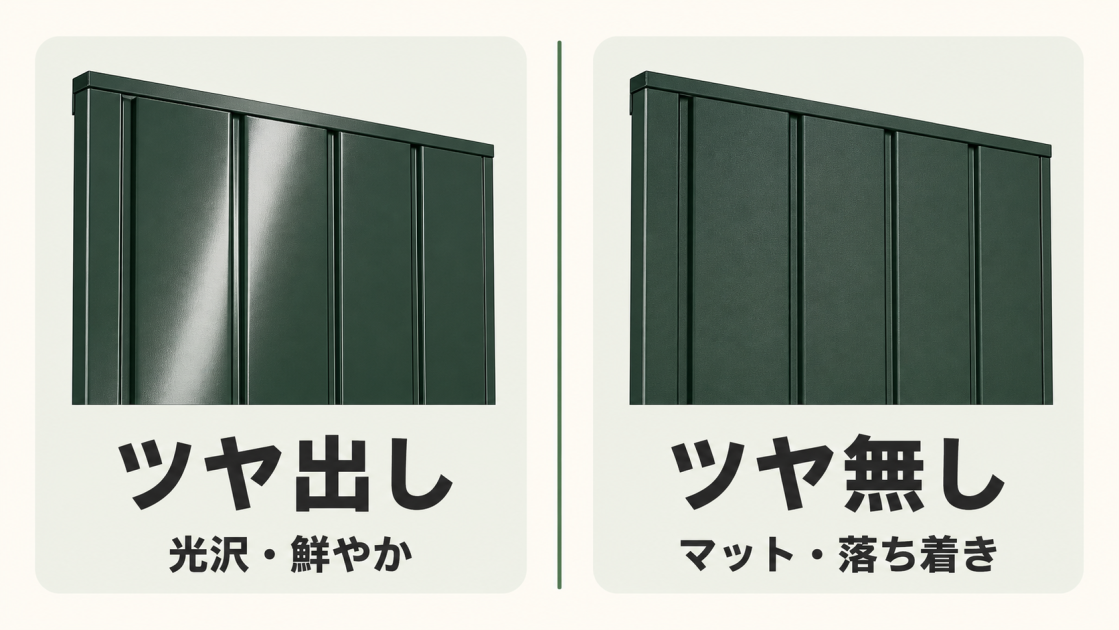 光沢があり鮮やかに見えるツヤ出しと、反射を抑えて落ち着いて見えるツヤ無しの金属外壁を比較した図解