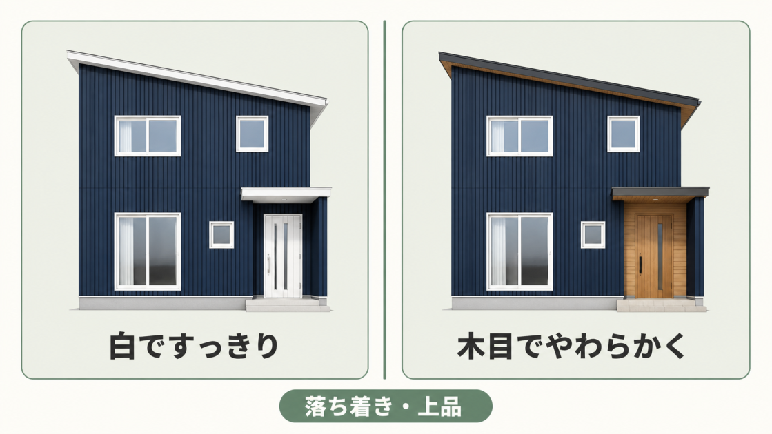 ネイビーのガルバリウム鋼板に白を合わせたすっきりした住宅と、木目を合わせたやわらかな住宅を比較した図解