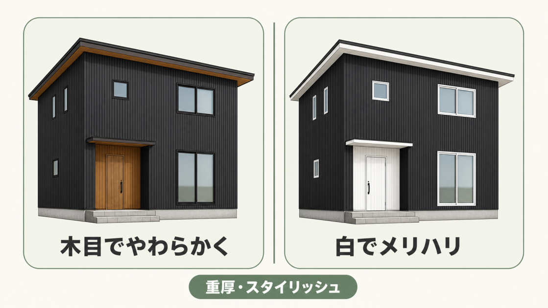 黒のガルバリウム鋼板に木目を合わせたやわらかな住宅と、白を合わせてメリハリをつけた住宅を比較した図解