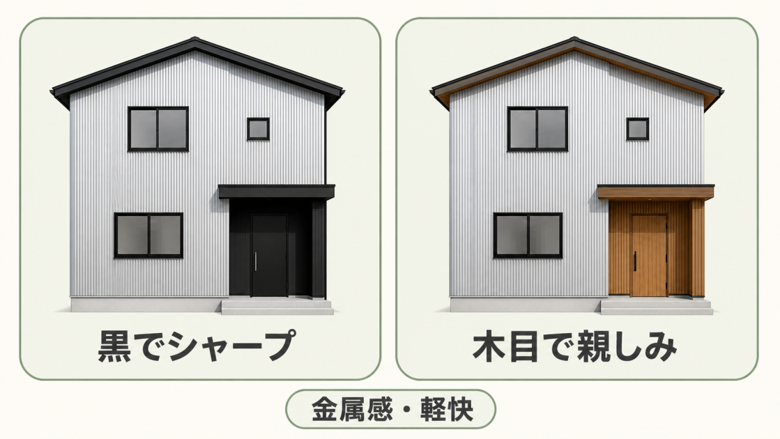 シルバーのガルバリウム鋼板に黒を合わせたシャープな住宅と、木目を合わせて親しみを加えた住宅を比較した図解