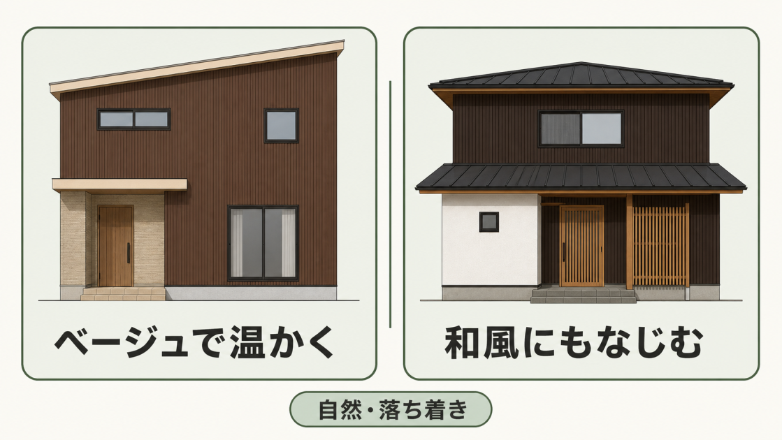 ブラウンのガルバリウム鋼板にベージュを合わせた温かな住宅と、濃いブラウンを使った和風住宅を比較した図解
