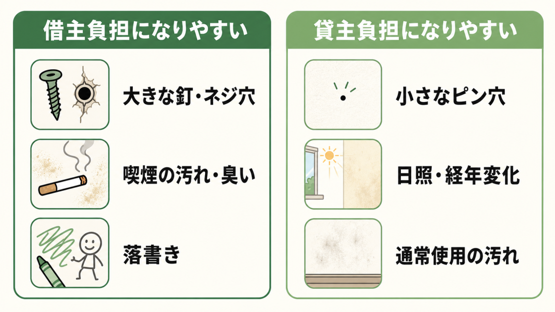 賃貸の壁紙補修で借主負担になりやすい損傷と貸主負担になりやすい損傷の比較図