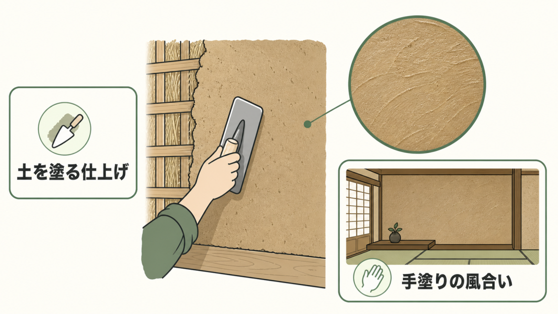 土をこてで塗る工程、手塗りの質感、施工後の和室を示す図解