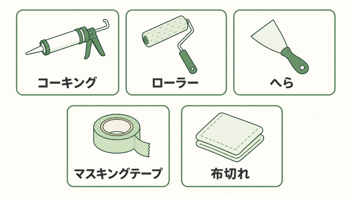 コーキング、ローラー、へら、マスキングテープ、布切れの5つのDIY道具を示す図解