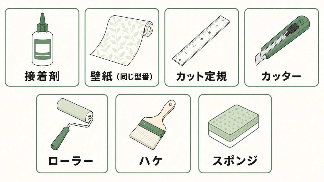 接着剤、同じ型番の壁紙、カット定規、カッター、ローラー、ハケ、スポンジの7つのDIY道具と材料を示す図解