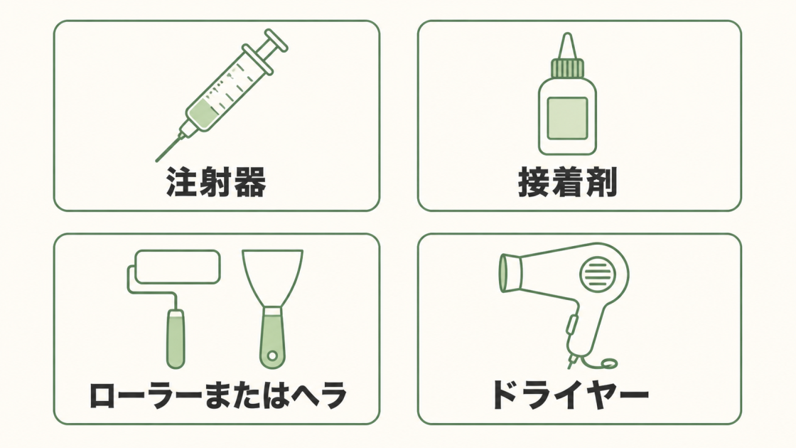 注射器、接着剤、ローラーまたはヘラ、ドライヤーの4つのDIY道具を示す図解