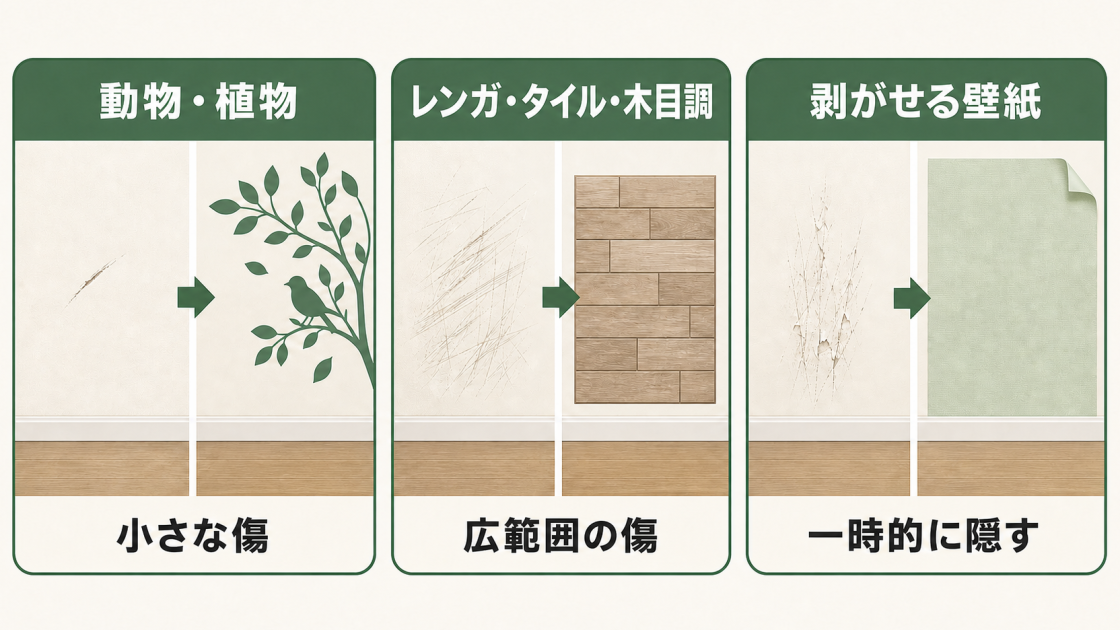 小さな傷を動物・植物ステッカーで、広範囲の傷をレンガ・タイル・木目調シートで、一時的な補修を剥がせる壁紙で隠す例