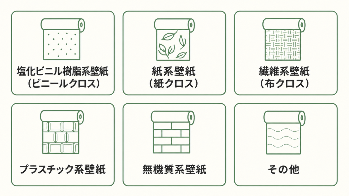 塩化ビニル樹脂系壁紙、紙系壁紙、繊維系壁紙、プラスチック系壁紙、無機質系壁紙、その他の6分類を示す図解
