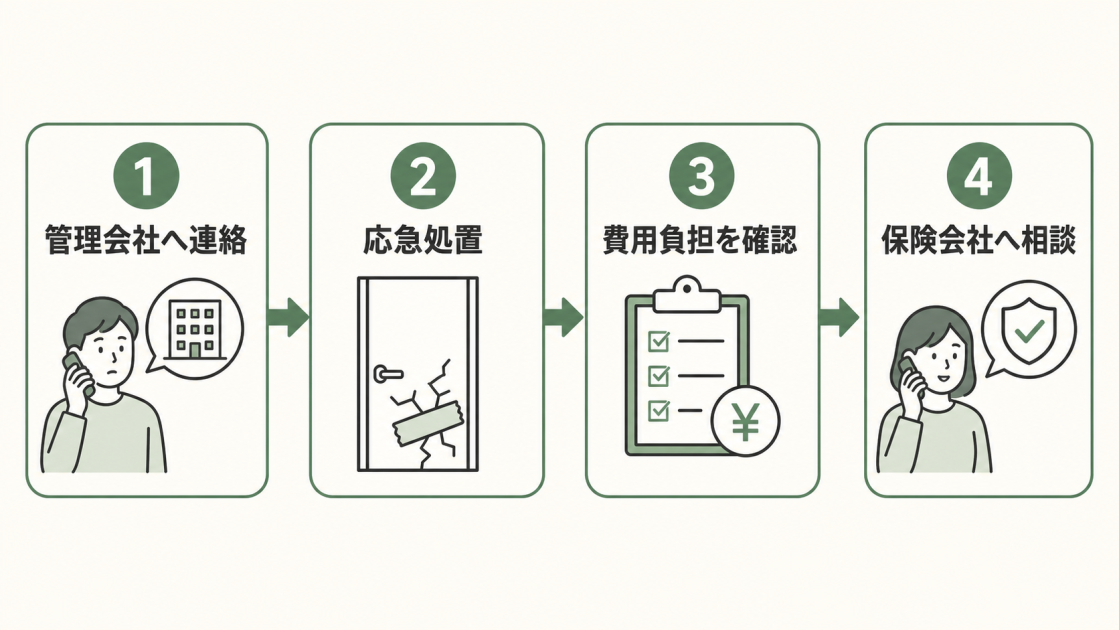 管理会社への連絡、応急処置、修理費の負担確認、保険会社への相談という賃貸住宅での4段階の対応を示す図解