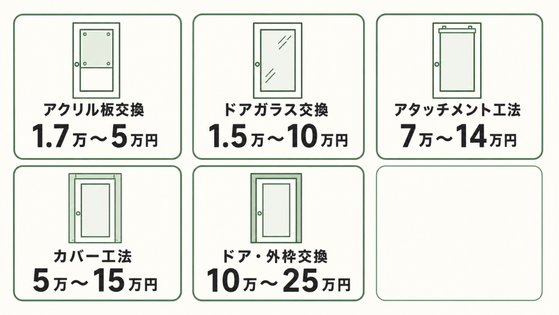お風呂のドア修理5種類の費用相場を、アクリル板交換1.7万～5万円からドア・外枠交換10万～25万円まで示した図解