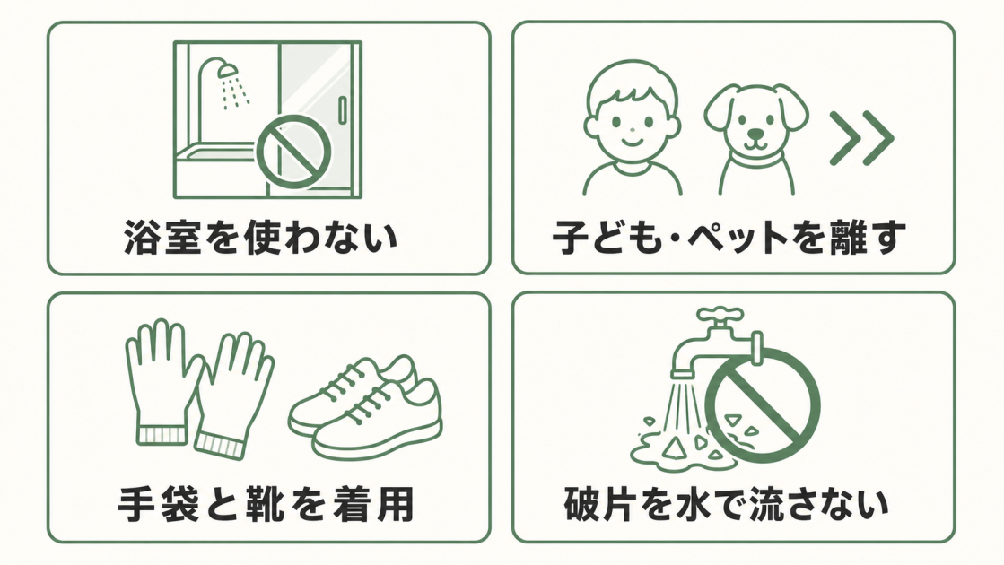 浴室を使わない、子どもやペットを離す、手袋と靴を着用する、破片を水で流さないという4つの安全行動を示す図解