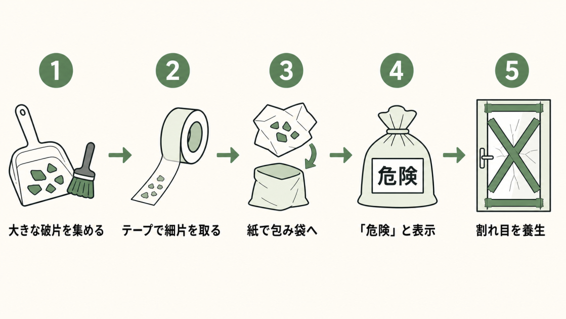 大きな破片の回収、テープで細片を除去、紙で包んで袋へ入れる、危険表示、割れ目の養生までの5手順を示す図解