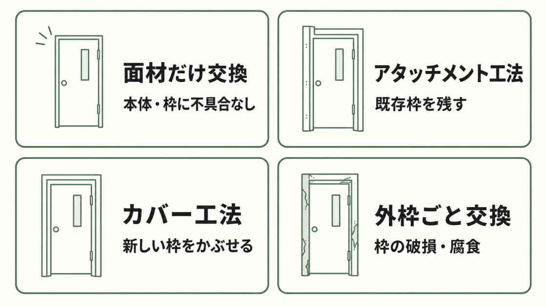 面材だけの交換、アタッチメント工法、カバー工法、外枠ごとの交換を、ドア本体や枠の状態と対応させた図解
