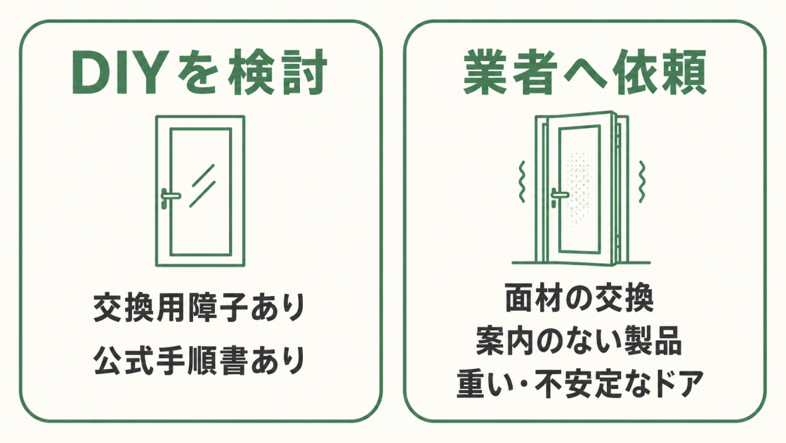 交換用障子と公式手順書がある場合はDIYを検討でき、面材交換や案内のない製品、重く不安定なドアは業者へ依頼する目安を示した図解