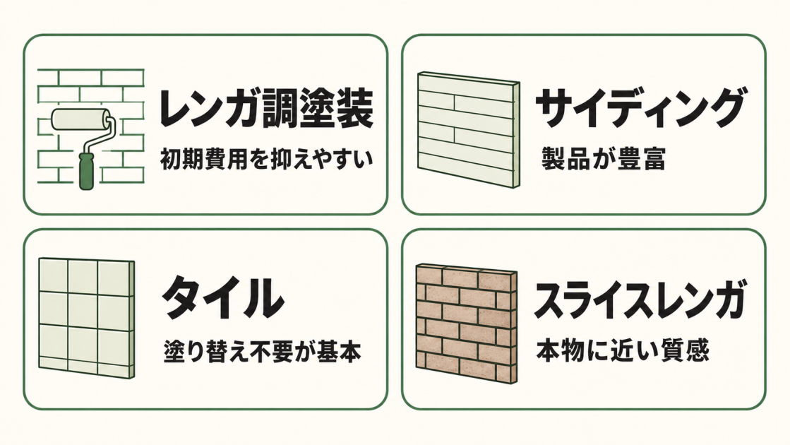 レンガ調塗装・サイディング・タイル・スライスレンガの4工法と特徴の比較
