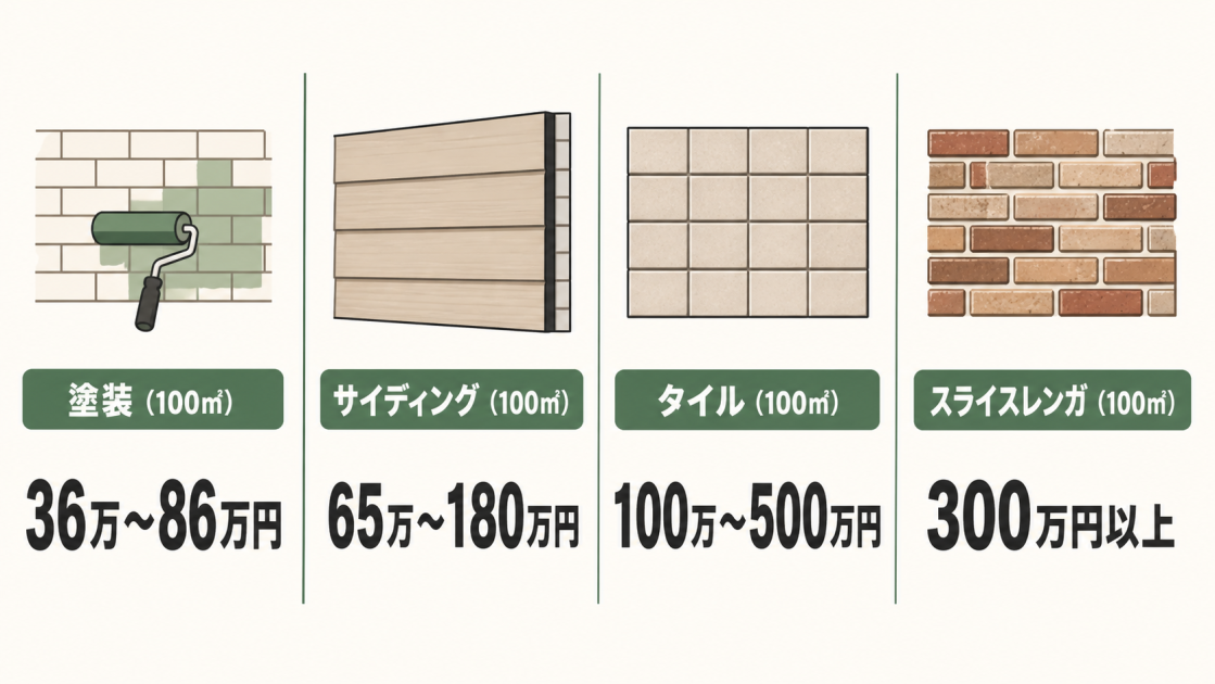 外壁100㎡で塗装36万〜86万円、サイディング65万〜180万円、タイル100万〜500万円、スライスレンガ300万円以上の費用比較