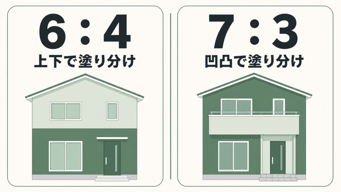 6対4の上下塗り分けと7対3の凹凸を使ったツートン外壁の比較