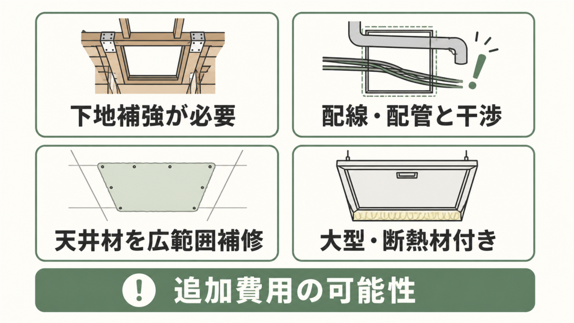 天井点検口の工事で追加費用につながる下地補強、配線・配管との干渉、天井材の広範囲補修、大型・断熱材付き製品の4条件