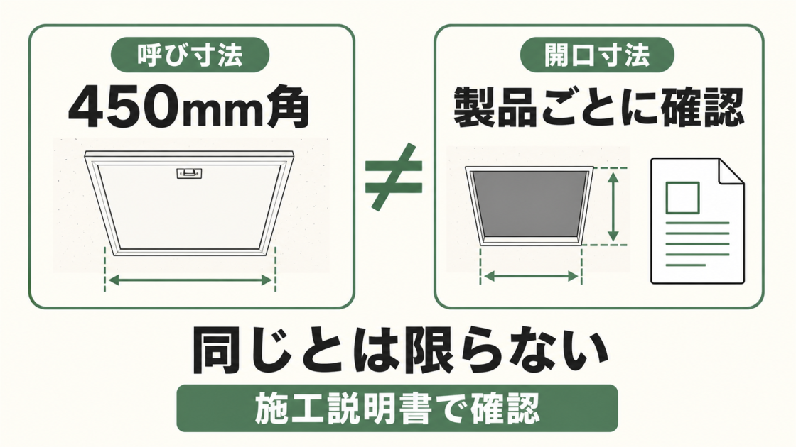450mm角の呼び寸法と開口寸法は同じとは限らず、製品の施工説明書で確認することを示す図解