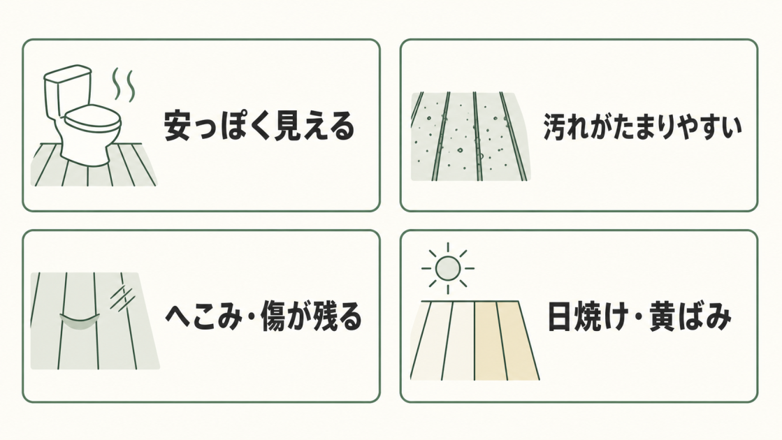 トイレのクッションフロアで後悔しやすい点として、安っぽく見える、汚れがたまりやすい、へこみ・傷が残る、日焼け・黄ばみの4項目を示した図解