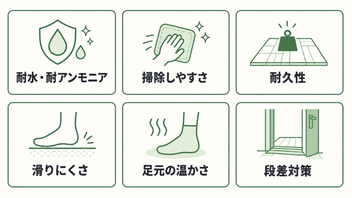 トイレの床材選びで確認したい耐水・耐アンモニア、掃除しやすさ、耐久性、滑りにくさ、足元の温かさ、段差対策の6項目を示した図解