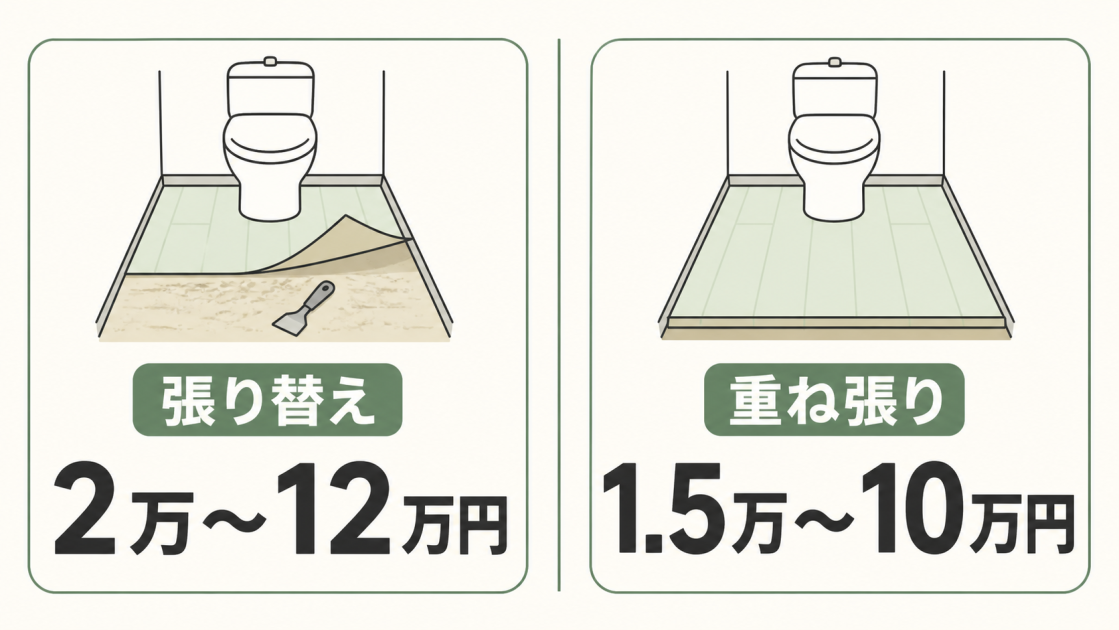 1畳のトイレ床リフォーム費用の目安として、張り替え2万〜12万円、重ね張り1.5万〜10万円を比較した図解