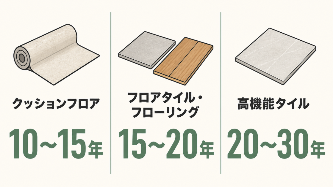 トイレ床材の耐用年数の目安として、クッションフロア10〜15年、フロアタイル・フローリング15〜20年、高機能タイル20〜30年を示した図解