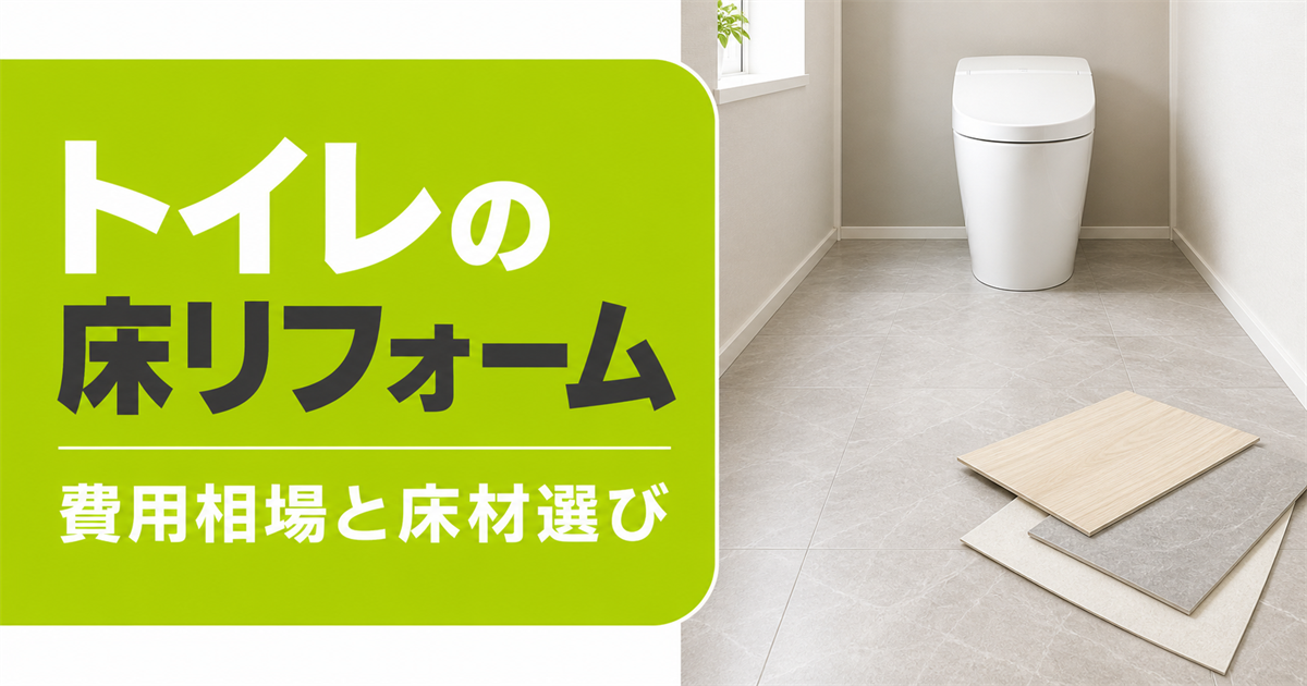 トイレの床リフォームの費用相場と床材選びを伝える、トイレ室内と3種類の床材サンプル