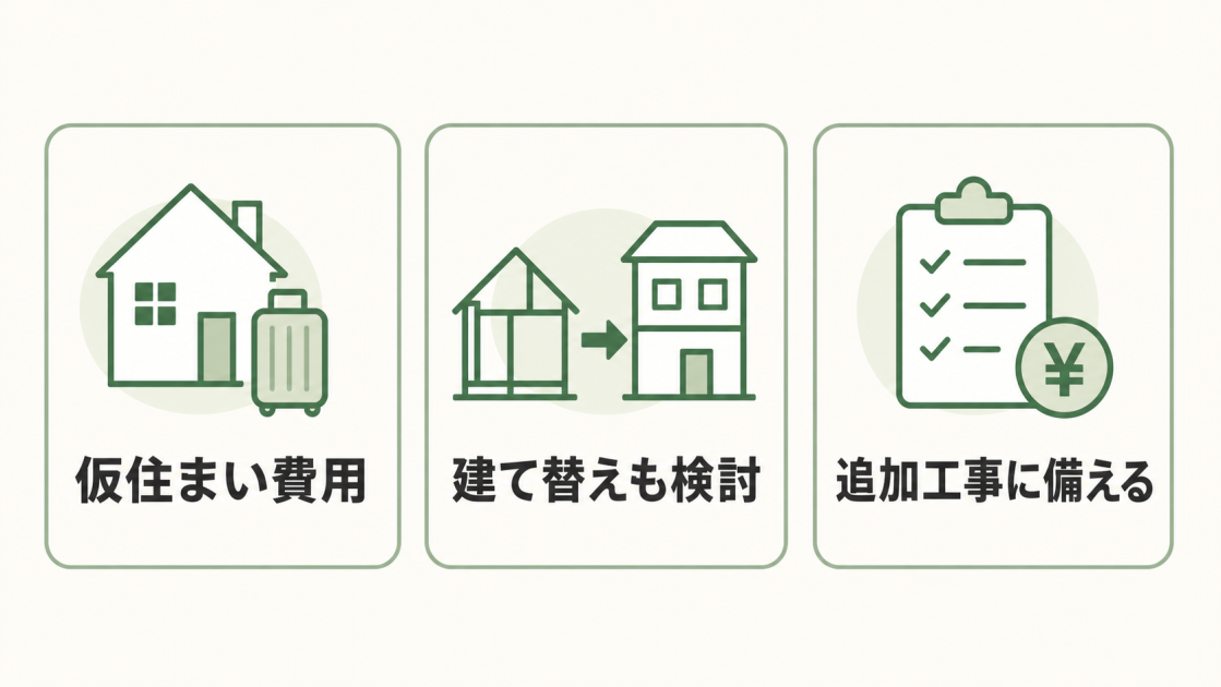 仮住まい費用、建て替えの検討、予期せぬ追加工事への備えを示した図解