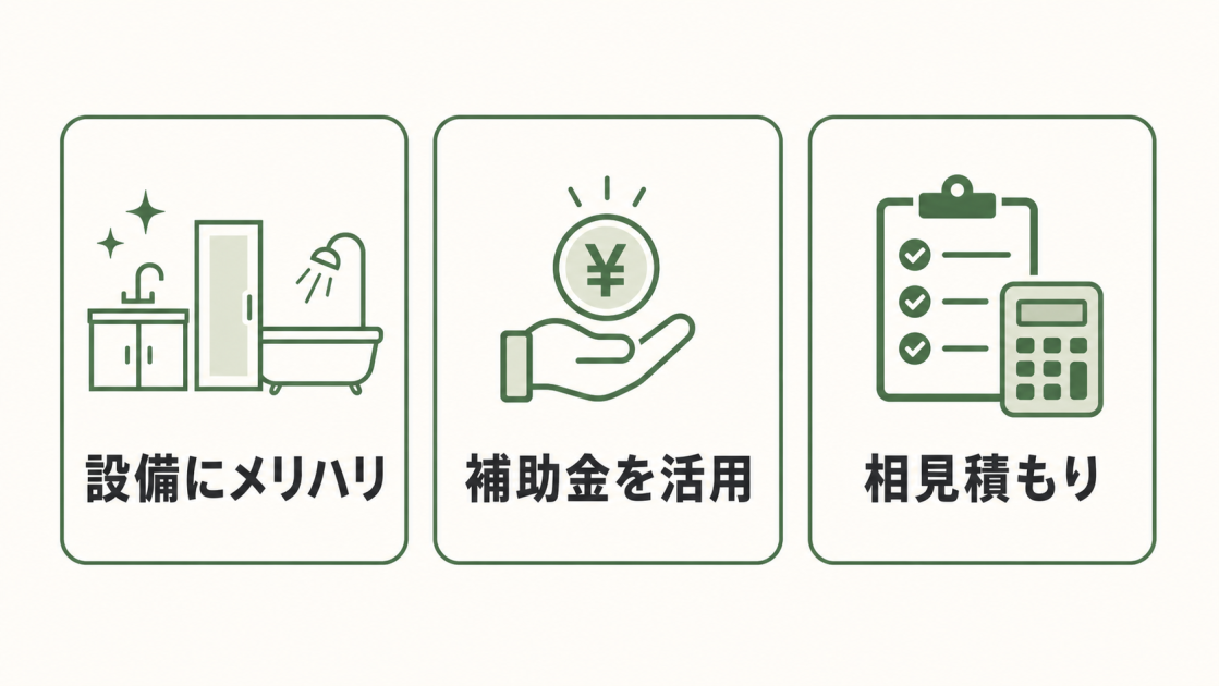 設備にメリハリをつける、補助金を活用する、相見積もりを行うという3つのポイントを示した図解