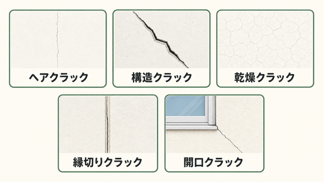ヘアクラック、構造クラック、乾燥クラック、縁切りクラック、開口クラックの5種類を外壁の図で示した図解