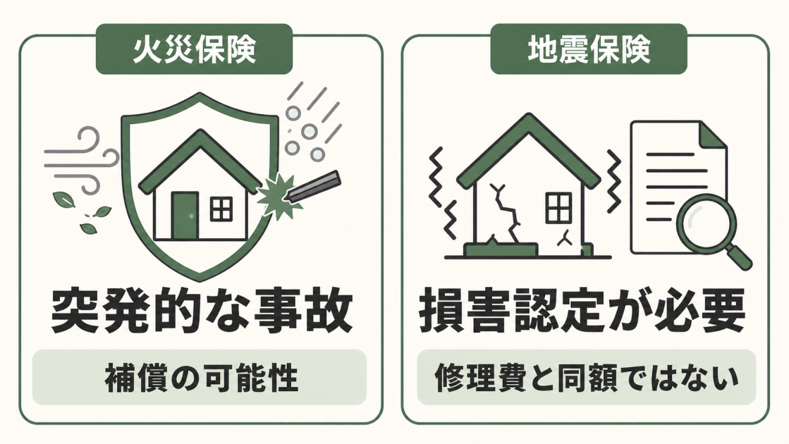 火災保険は突発的な事故で補償の可能性があり、地震保険は損害認定が必要で修理費と同額ではないことを示した比較図