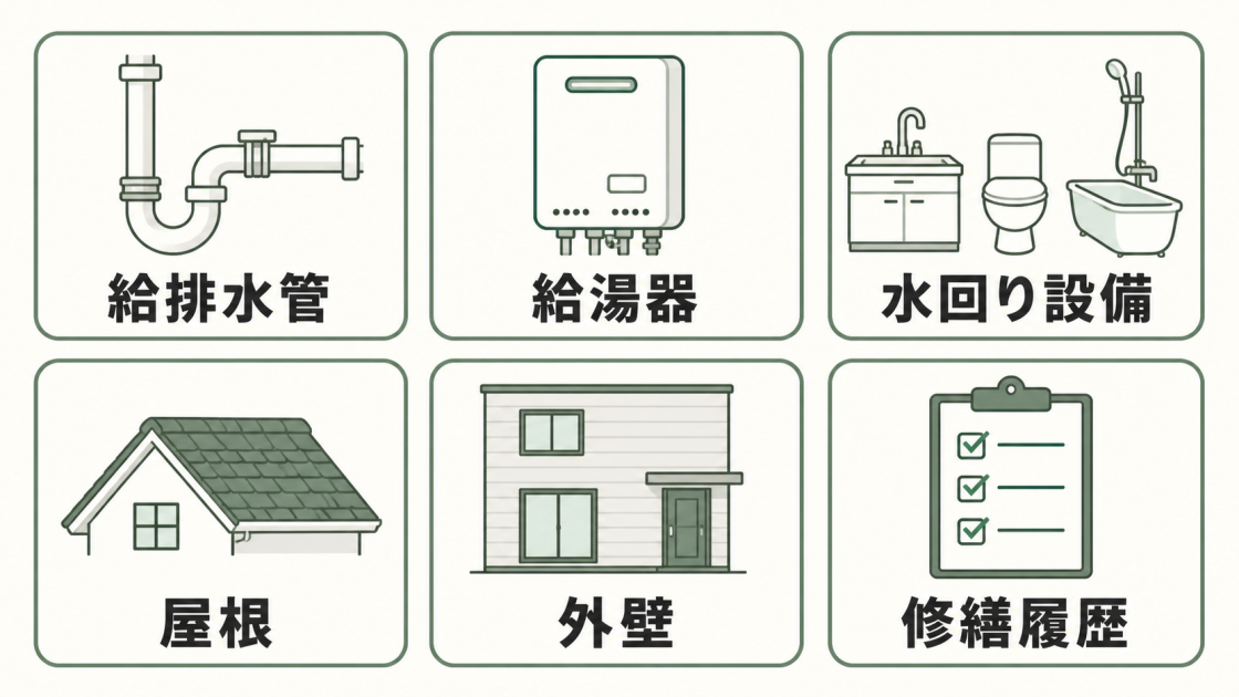 給排水管、給湯器、水回り設備、屋根、外壁、修繕履歴の6項目を示す点検図