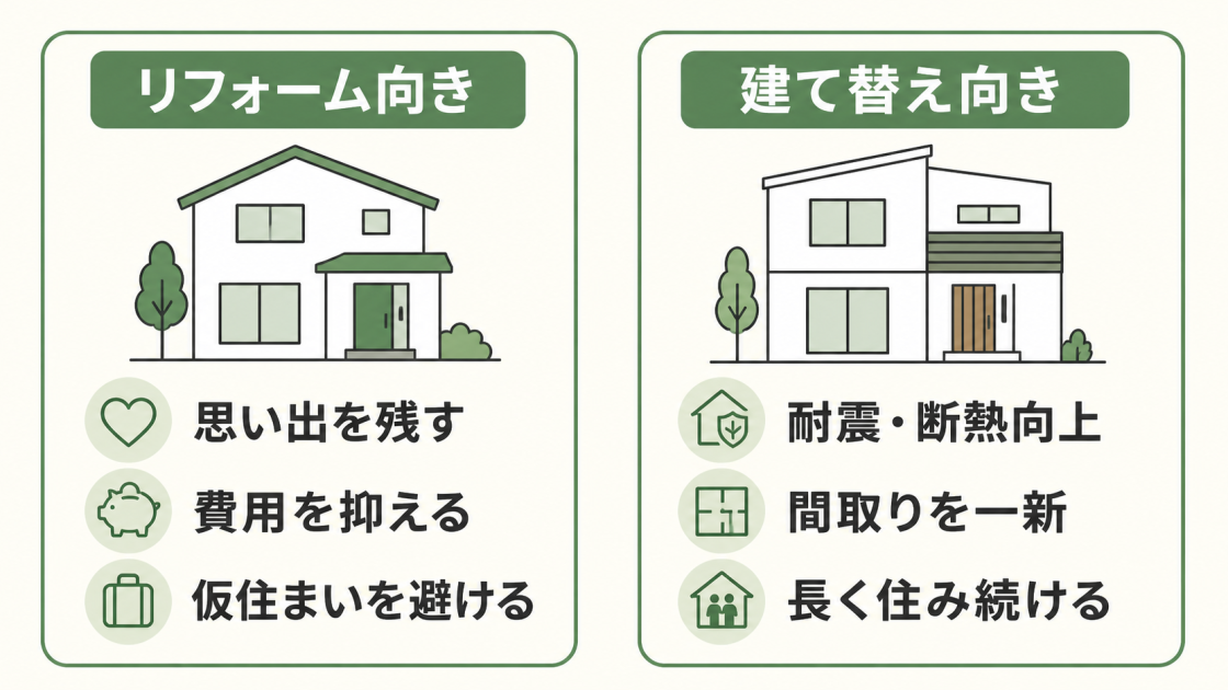 思い出や費用、仮住まいを重視するリフォーム向きと、耐震・断熱、間取り、居住年数を重視する建て替え向きを比較した図解