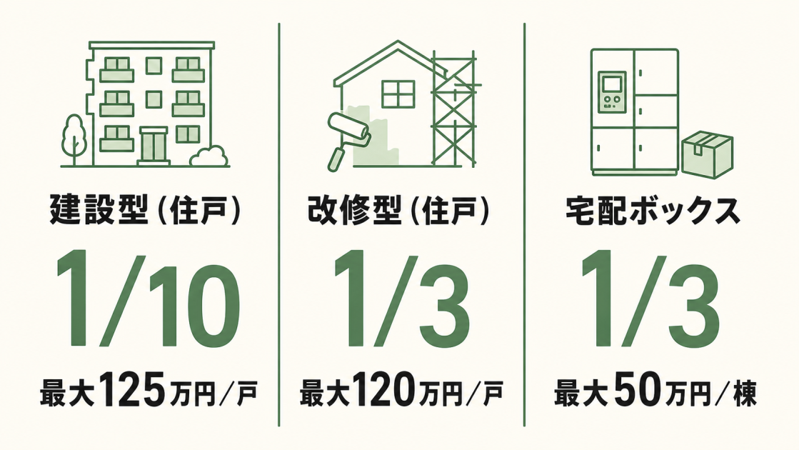 建設型は補助率10分の1・最大125万円／戸、改修型は3分の1・最大120万円／戸、宅配ボックスは3分の1・最大50万円／棟と示す図
