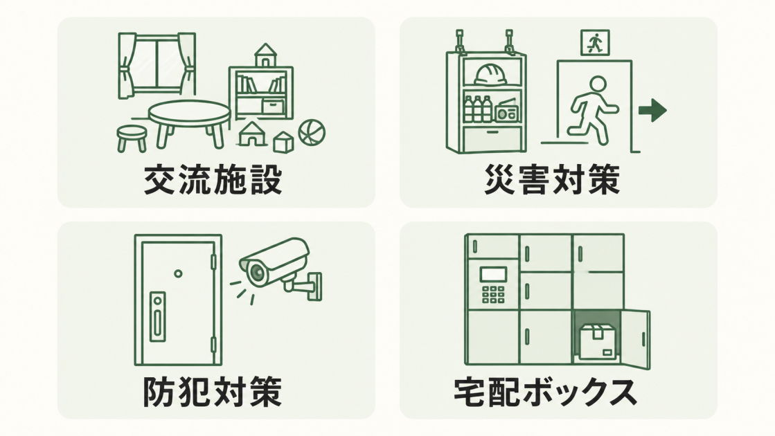 交流施設、災害対策、防犯対策、宅配ボックスの4分類を示す図