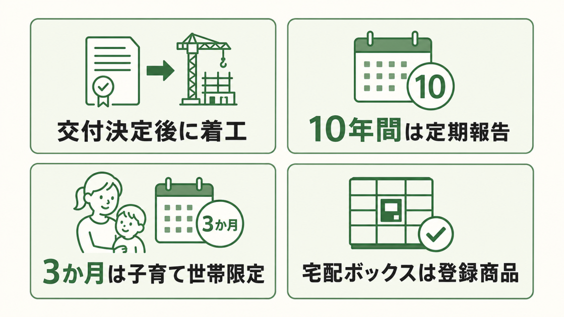 交付決定後着工、10年間の定期報告、3か月間の子育て世帯限定募集、登録済み宅配ボックスという4要件を示す図
