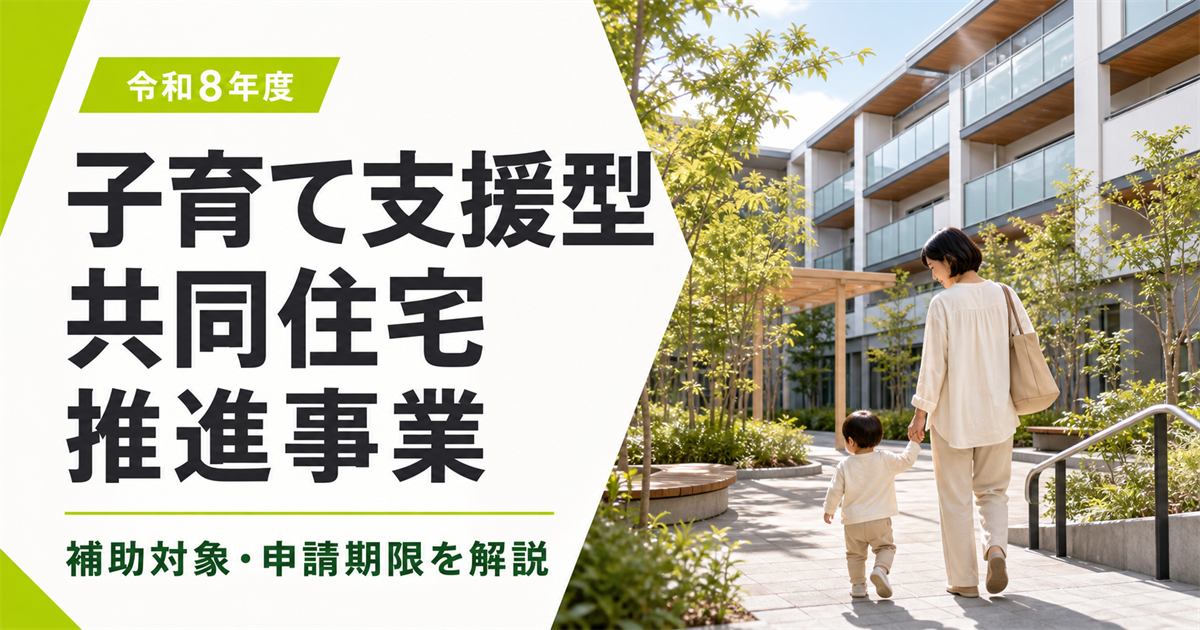 「令和8年度 子育て支援型共同住宅推進事業 補助対象・申請期限を解説」の文字と、共同住宅の中庭を手をつないで歩く女性と幼児
