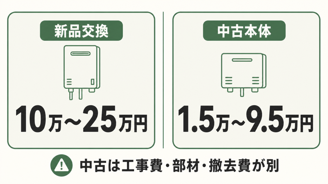 バランス釜の新品交換10万〜25万円と中古本体1.5万〜9.5万円を比較し、中古は工事費・部材・撤去費が別であることを示した図解