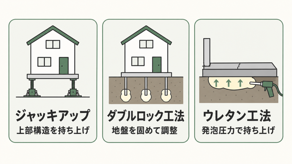 ジャッキアップ、ダブルロック工法、ウレタン工法の3つの沈下修正方法と仕組みを示す図解